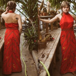 1970s Halter Maxi Dress, Vintage High Neck Floor Length Gown, 70s Fiesta Dress, Burnt Orange, RicRac Groovy, Prom Dress