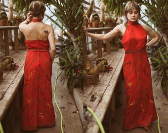 1970s Halter Maxi Dress, Vintage High Neck Floor Length Gown, 70s Fiesta Dress, Burnt Orange, RicRac Groovy, Prom Dress