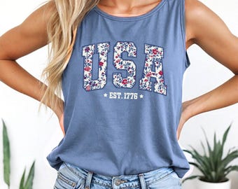 Floral USA Comfort Colors Tank, 4th of July Shirt for Women, America Est 1776 Tee, Patriotic Outfit, Summer BBQ Shirt USA Red White Blue Tee