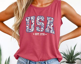 Floral USA Comfort Colors Tank, 4th of July Shirt for Women, America Est 1776 Tee, Patriotic Outfit, Summer BBQ Shirt USA Red White Blue Tee
