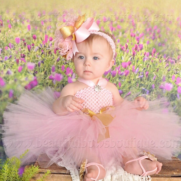 1st Birthday Outfit For Baby Girl - Pink Gold Princess Tutu Set With Crown