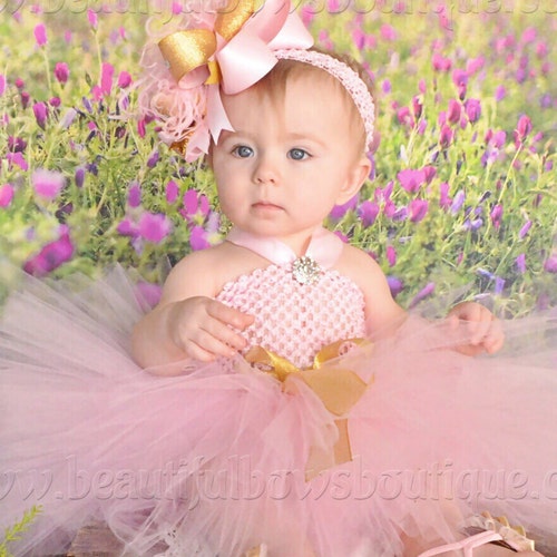 Pink and Gold Baby Tutu Dress and Hair Bow Setbirthday Tutu Etsy