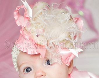 Vintage Floral Ivory and Pink Over the Top Hair Bow,Baby Girl Vintage Birthday Party,Pink Baby Headband,Big Hair Bows,Baby Headbands Girl