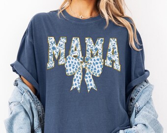 Comfort Colors® Mama Shirt, Blue Ribbon Shirt, Mothers Day Gift, Girly Aesthetic Gift For Mom, Cute Mom Shirt, Bow Shirt, Chinoiserie Shirt