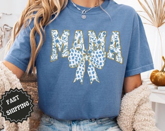 Comfort Colors® Mama Shirt, Blue Ribbon Shirt, Mothers Day Gift, Girly Aesthetic Gift For Mom, Cute Mom Shirt, Bow Shirt, Chinoiserie Shirt