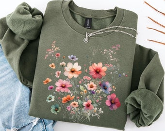 Wildflower Sweatshirt, Floral Crewneck, Boho Cottagecore Pullover, Pressed Flowers Sweater, Vintage Botanical, Fairycore Aesthetic Gift