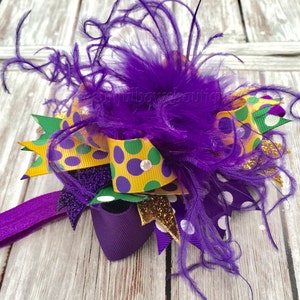 Newborn Mardi Gras Bow Headband,Small Mardi Gras Over the Top Hair Bow,Purple Gold and Green Baby Headband,Baby Girl Mardi Gras Bows,Mini