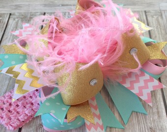 Pink Aqua and Gold Birthday Bow,Mint and Gold Baby Headband,Pink and Gold 1st Birthday,Baby Bows Aqua Pink Gold,Over the Top Hair Bows Gold