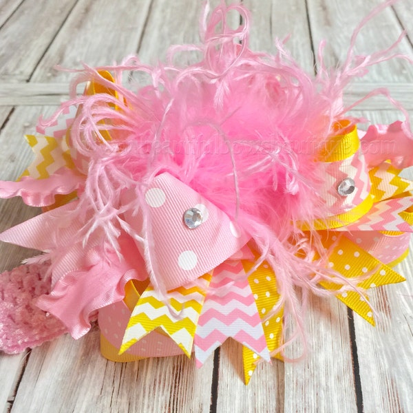 OTT Pink and Yellow Big Bow Headband,Over the Top Bows Pink and Yellow,Birthday Girl Hair Bows,Cake Smash Headbands,Stack Boutique Hair Bows