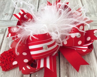 Red White Stripe Over the Top Hair Bow,Christmas Baby Headband,Big Bow Headband,Big Hair Bows,OTT Hairbows,Feather Headband,Holiday Baby Bow