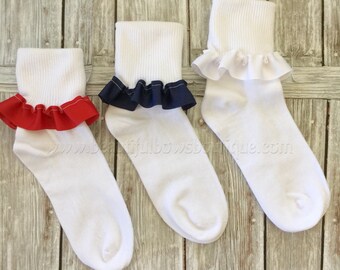 Red White Navy Blue Girls School Uniform Socks,Solid Color Ribbon Ruffle Socks,School Uniform Colored Socks,Frilly Socks,School Uniform Sock