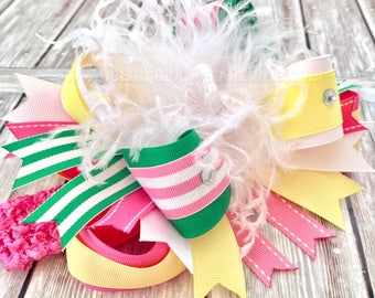 Pink Green and Yellow Over the Top Hair Bow,Big Bows and Headbands,Easter Headbands and Bows,Stacked Hair Bows,Baby Headbands,Boutique Bows