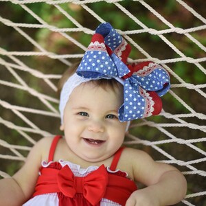 Patriotic Bows, American Hair Bow, Red White and Blue Bow, 4th of July Bows, Lace Patriotic Hairbow, Blue Stars Bow, Stars and Stripes Bow