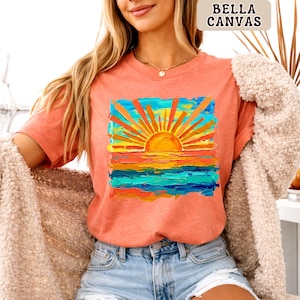 Bella Canvas Cute Summer Sunset Shirt, Retro Beach Graphic Tee, Trendy Vacation Outfit Top, Aesthetic Coastal Tee, Bella Canvas Shirt Women Heather Sunset