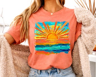 Bella Canvas Cute Summer Sunset Shirt, Retro Beach Graphic Tee, Trendy Vacation Outfit Top, Aesthetic Coastal Tee, Bella Canvas Shirt Women