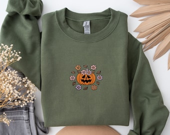 Embroidered Halloween Pumpkin Shirt Embroidered Fall Shirt Jack-o-Lantern Shirt Halloween Embroidered spooky Season crewneck sweatshirt
