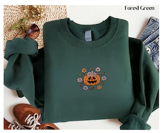 Embroidered Halloween Pumpkin Shirt Embroidered Fall Shirt Jack-o-Lantern Shirt Halloween Embroidered spooky Season crewneck sweatshirt