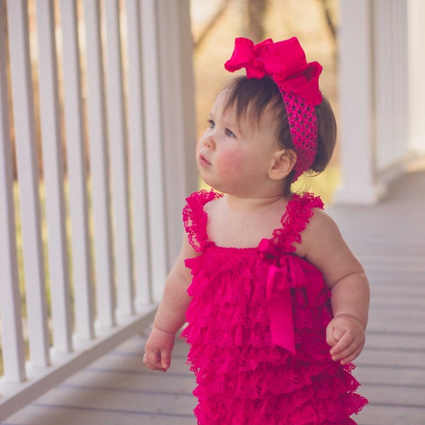 Hot Pink Lace Romper,Petti Lace Romper Pink,Ruffle Hot Pink Baby Romper,Lace Infant Toddler Outfit,Photography Prop for Baby Girls.Lace Baby