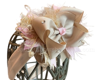 Tan and Rose Bow Hair Bow for Girls Toddler Baby Bow School-Holiday Bows Big Boutique Bow Headband Headwrap Holiday Photo Prop Custom Bow