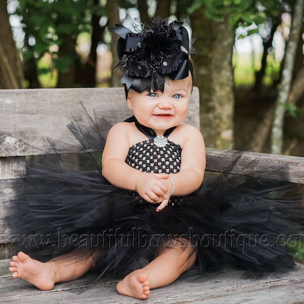 Solid Black Baby Tutu Dress,Baby Girl Tutu,Black Baby Tutu,Infant Girl Tutu Dress,Flower Girl Dress,Black Toddler Baby Tulle Dress and Bow