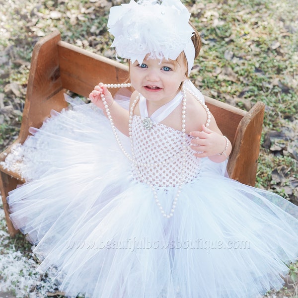 Solid White Baby Tutu Dress,Baby Girl Tutu,White Baby Tutu,Infant Girl Tutu Dress,Flower Girl Dress,White Toddler Baby Tulle Dress and Bow