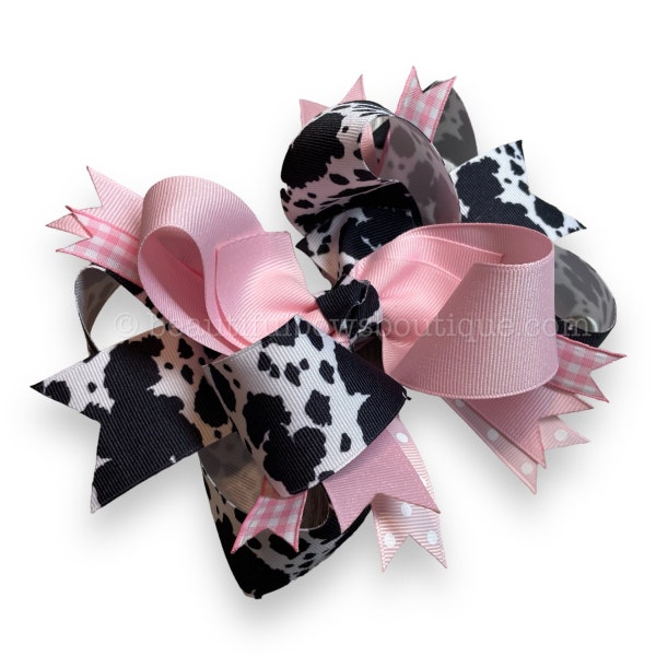 Cow Print Over the Top Bow Hairbow Girls Boutique Feather Bow Pink Cow OTT Bow Animal Farm Bows 6 inch hair bows Cowprint Headband Baby Bows