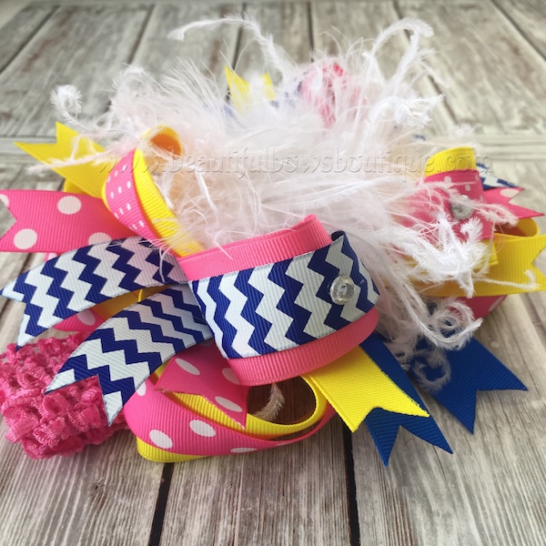 Over the Top Hair Bow Pink Royal Blue Yellow,Minion Birthday Bow,Birthday Girls Hair Bows,Girls Birthday Outfit Minion Inspired,Big Hair Bow