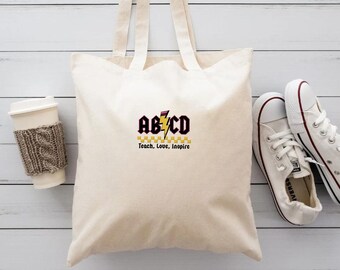 Embroidered Cute Teacher Tote Bag Canvas ABCD Pencil Teacher Tote Back to School Tote Bag Elementary School Teacher Gift Kindergarten