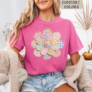 Patchwork Daisy Shirt, Floral Comfort Colors Tee, Cottagecore Flower Shirt, Vintage Daisy Patchwork Shirt Wildflower Graphic Tee Nature Gift