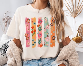 Boho Floral Stripe Shirt, Retro Flower Graphic Tee, Colorful Boutique T Shirt, Comfort Colors Shirt, Spring Summer Outfit, Cute Gift For Her