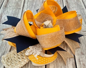 Over the Top Hair Bow Mustard Burlap Ivory Navy,Fall Over the Top Hairbow, OTT Headband,Baby Headband,Baby Headbands,Big Bows,Girls Headwrap