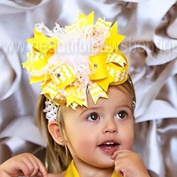 Big Yellow Hair Bow Fluffy Over the Top Hair Bow, Yellow Chevron Over the Top Headband, 6 inch Yellow and White Bow, Toddler Photoshoot Bows