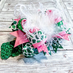 St Patricks Day Baby Girl Toddler Headband Pink and Green Shamrocks Bow, St Patricks Day Bow, Pink Saint Patricks Bow Hairband Headwrap Bow