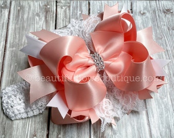 Pale Peach Hair Bow, White Peach Wedding Bows, Peach Pageant Bow, Peach and White Headband, Toddler Wedding Hair Clip Baby Bow Headbands