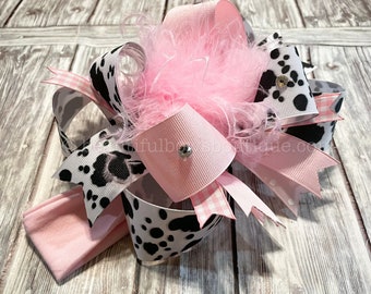 Cow Print Over the Top Bow, Over the Top Hairbow, Girls Boutique Feather Bow, Pink Cow OTT Bow, Animal Farm Bows, 6 inch hair bows Cowprint