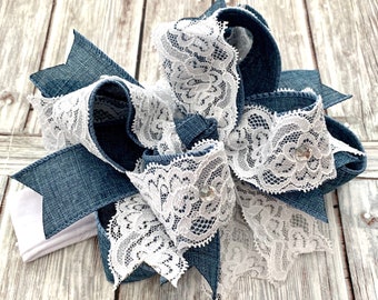 Denim and Lace Hair Bow, Denim Hair Bow, Denim Lace Baby Headband, Lace Hair Bow, Denim and Lace Headband for Baby Girl, Big Denim Bows