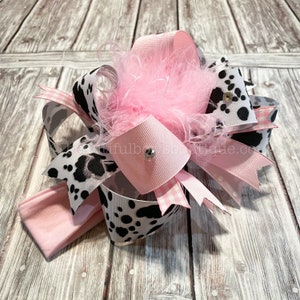 Cow Print Over the Top Bow, Over the Top Hairbow, Girls Boutique Feather Bow, Pink Cow OTT Bow, Animal Farm Bows, 6 inch hair bows Cowprint