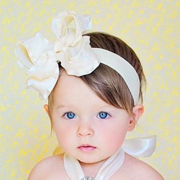 Ivory Bow Headband,Cream Double Ruffle Bows,18 Colors Custom Ruffle Baby Headband,Frilly Hair Bow Headband,Simple Bow Headband,Ivory Bows