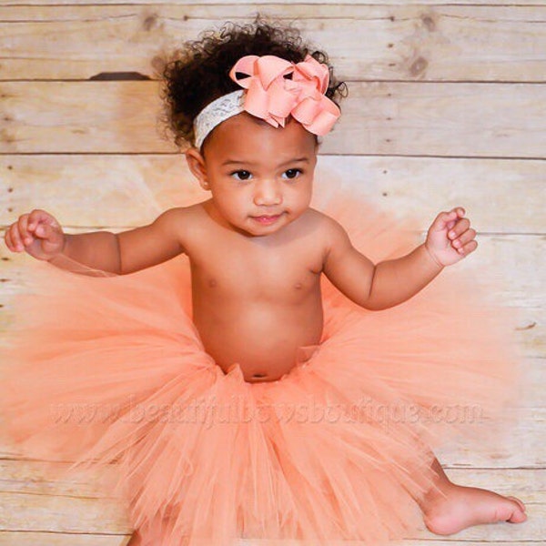 Coral Peach Baby Tutu,Handmade Peach Cake Smash Tutu and Hair Bow,Coral Baby Tutu Skirt,Peach Tulle Birthday Skirt for Toddlers and Babies