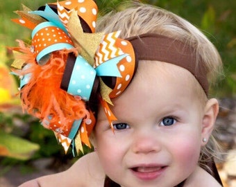 Brown Orange and Aqua Over the Top Hair Bow,Big Fall Hair Bows,Gold Big Baby Bows,Fall Baby Girl Headbands,Custom Stacked Boutique Hair Bow