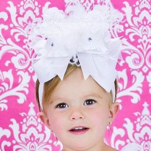 White Over the Top Hair Bow, White Over the Top Baby Headand, 6 inch white hair bow image 1