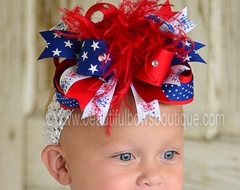 Fireworks Boutique Over the Top Hair Bow 6 inches,4th of July Hair Bows,Over the Top Bows,Baby Headbands,Patriotic Hair Bows,Red White Blue
