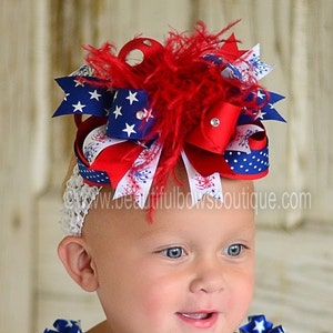 Fireworks Boutique Over the Top Hair Bow 6 inches,4th of July Hair Bows,Over the Top Bows,Baby Headbands,Patriotic Hair Bows,Red White Blue