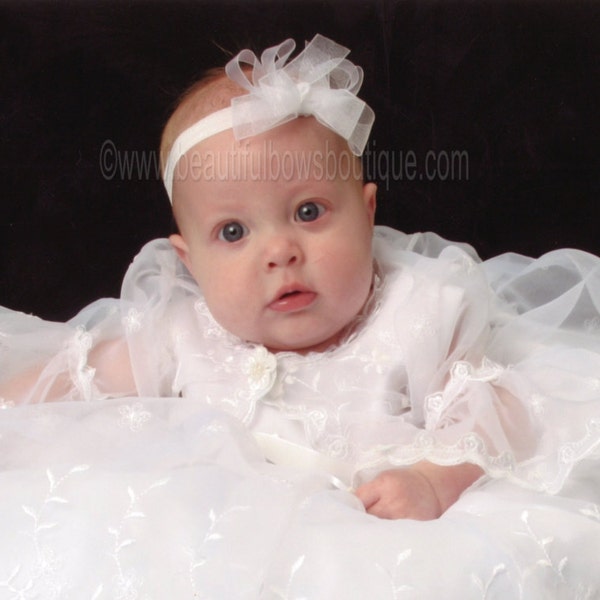 Sheer White Bow Baby Headband,White Christening Headband,White Christening Baby Bow Gift,Baptism Bow Headband,Sheer White Baby Headband Gift