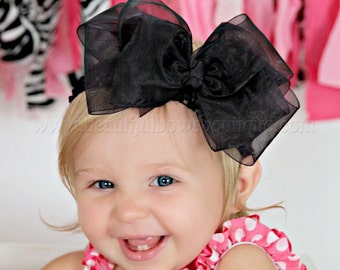 Large Black Organza Hair Bow,Sheer Black Baby Headand,Huge Black Baby Bow,Big Wedding Hair Bows,Toddler Black Hairbows,Large Baby Girls Bows