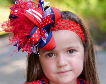 Girls Over the Top July 4th Bow Clip,Stacked 4th of July Hair Bow,Patriotic Girls Headband,4th of July Infant Headband,Over the Top Bows,