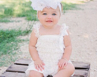 White ruffle romper baby Clearance