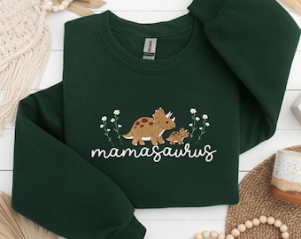 Mamasaurus Embroidered Sweatshirt, Funny Dinosaur Mom Crewneck, Cozy New Mom Gift, Mother’s Day Sweatshirt, Baby Shower Present, Mom Sweater