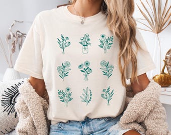 Comfort Colors Botanical Shirt, Floral Line Art Tee, Garden Lover Gift, Nature Aesthetic Shirt, Minimalist Plant Shirt Gift for Her Birthday