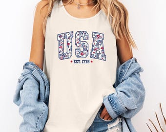 Floral USA Comfort Colors Tank, 4th of July Shirt for Women, America Est 1776 Tee, Patriotic Outfit, Summer BBQ Shirt USA Red White Blue Tee